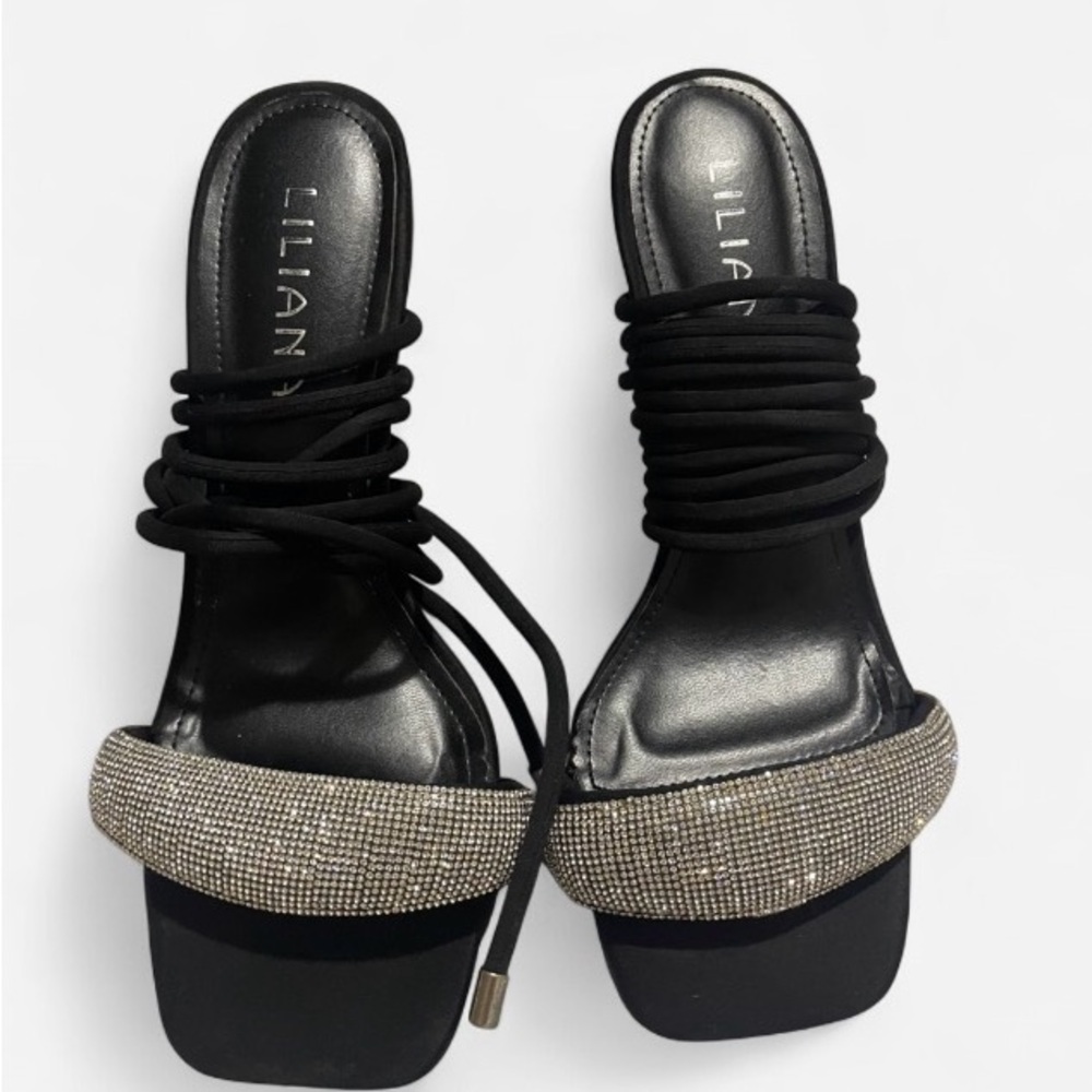 LILIANA Black Silver Rhinestone Strappy Lace-Up Sandals Synthetic Upper